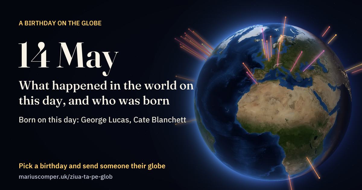 The Earth on 14 May, with the rays of the day’s events