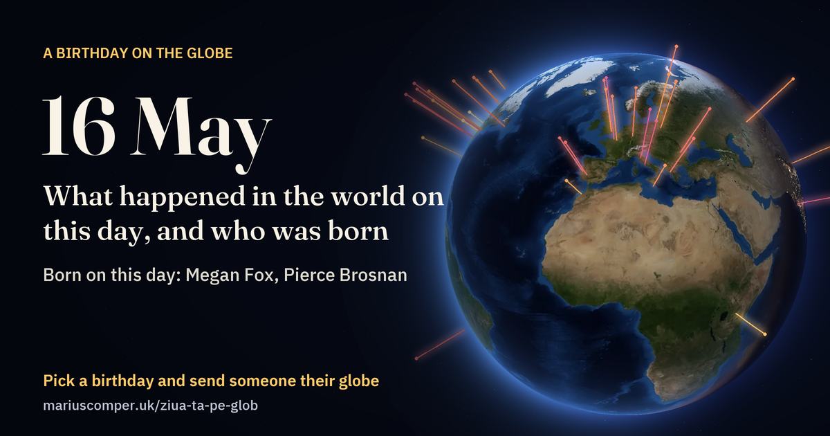 The Earth on 16 May, with the rays of the day’s events