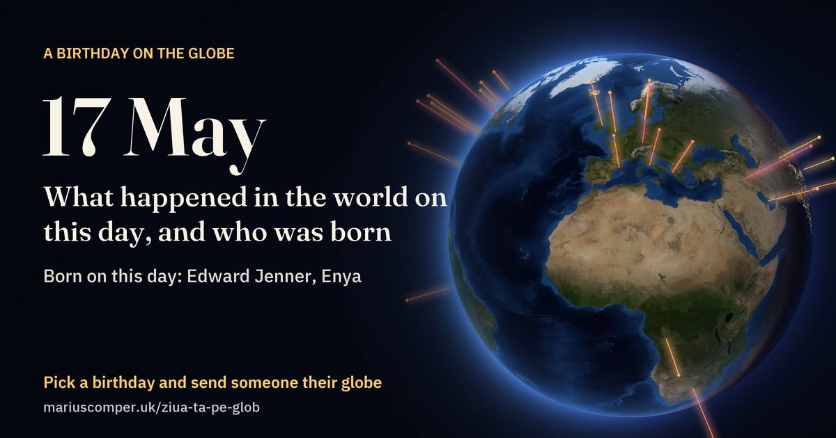 The Earth on 17 May, with the rays of the day’s events