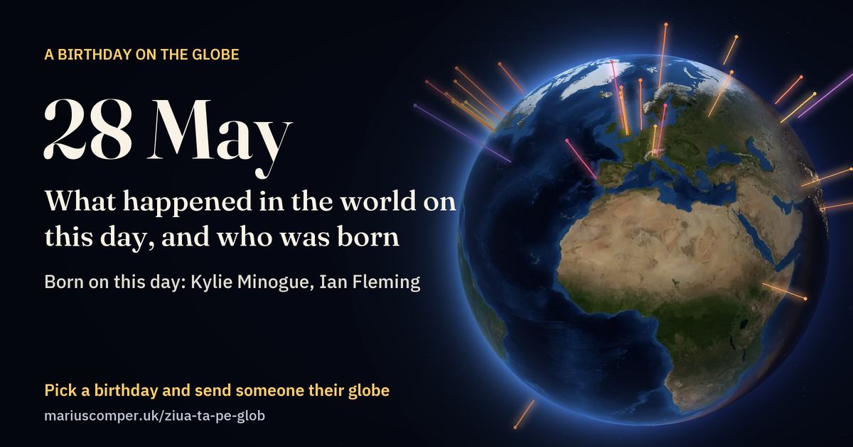 The Earth on 28 May, with the rays of the day’s events