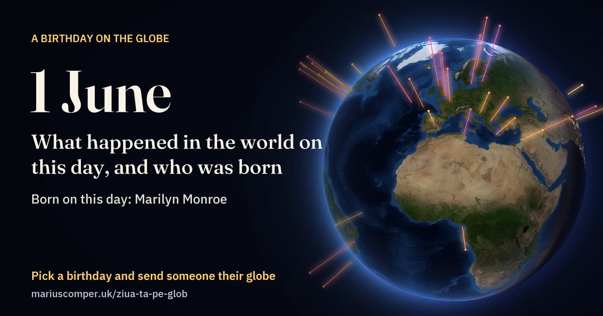 The Earth on 1 June, with the rays of the day’s events