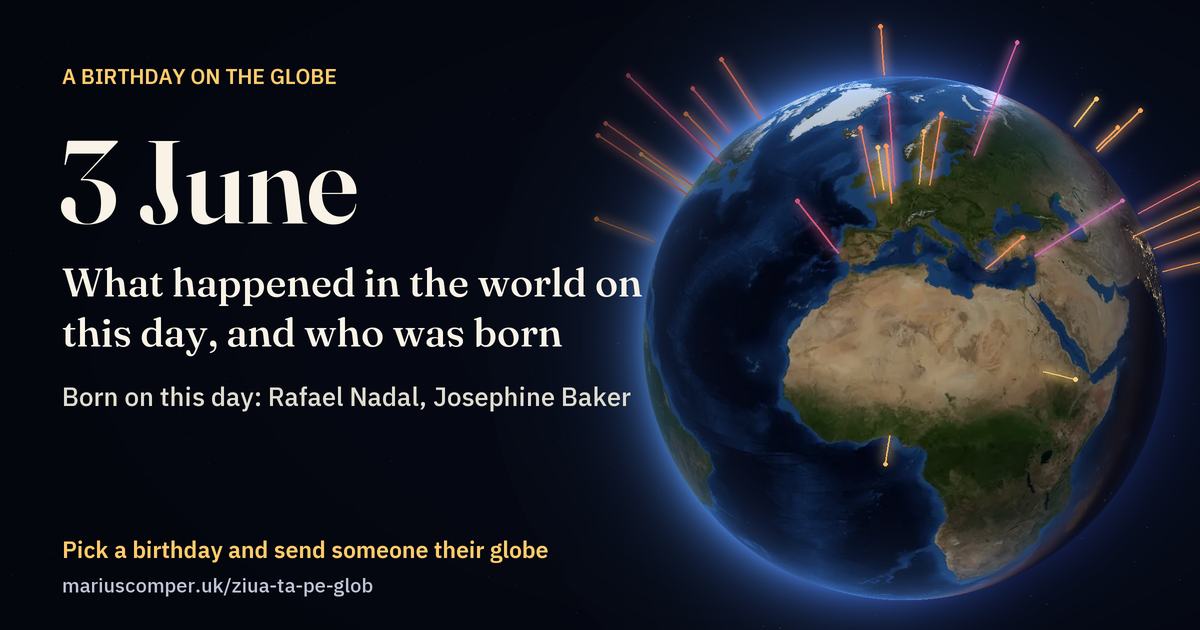 The Earth on 3 June, with the rays of the day’s events