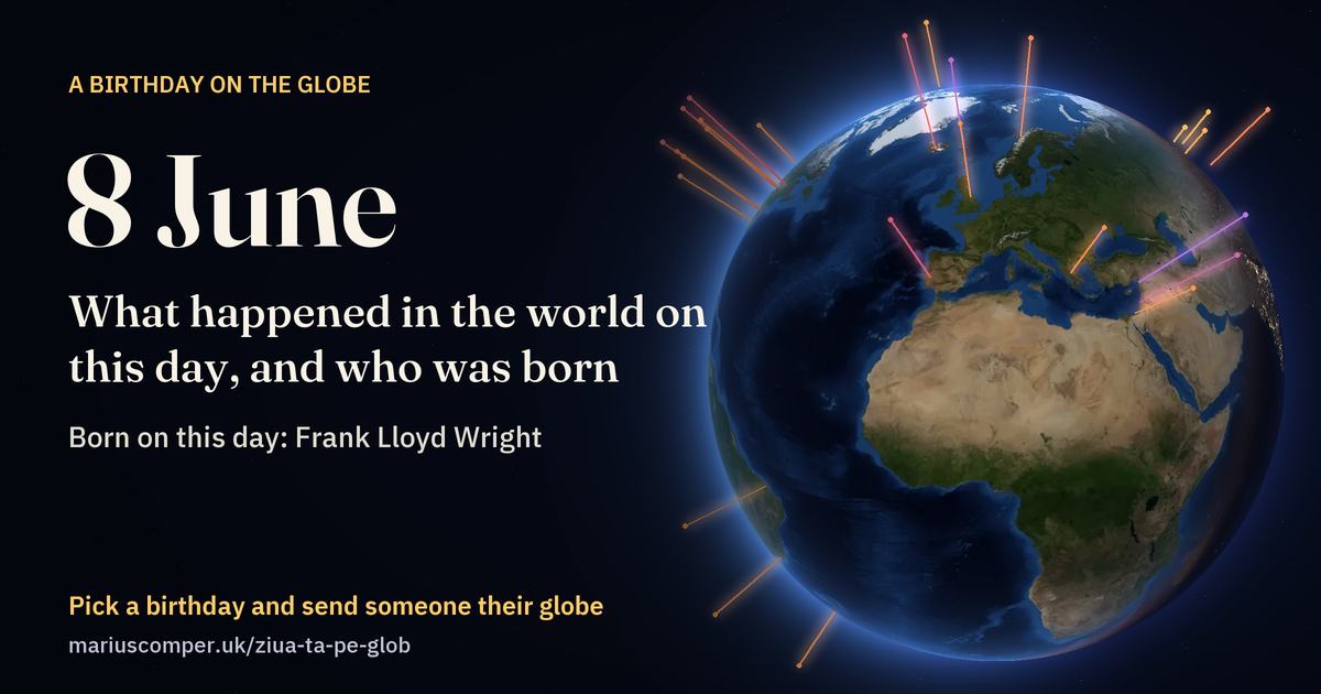 The Earth on 8 June, with the rays of the day’s events