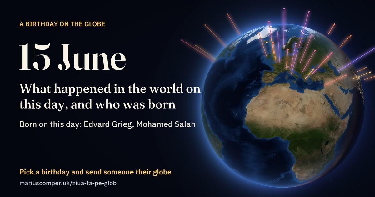 The Earth on 15 June, with the rays of the day’s events