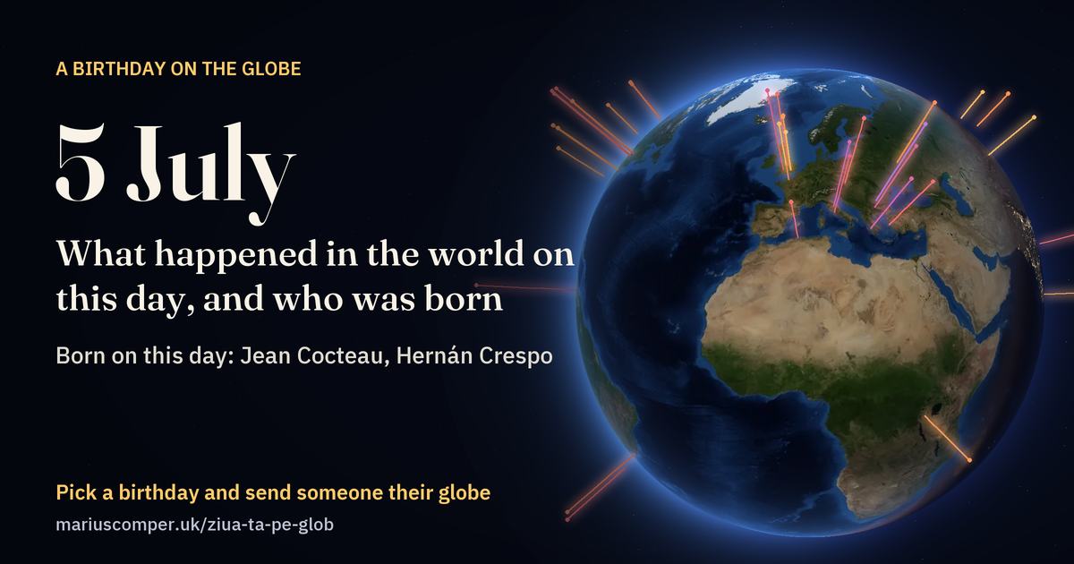 The Earth on 5 July, with the rays of the day’s events