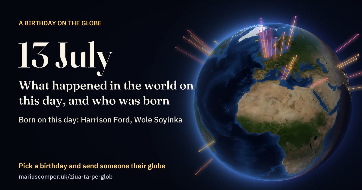The Earth on 13 July, with the rays of the day’s events