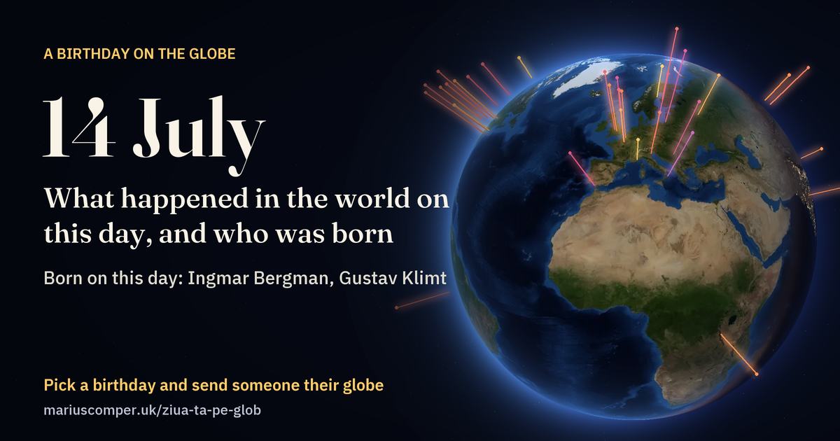 The Earth on 14 July, with the rays of the day’s events