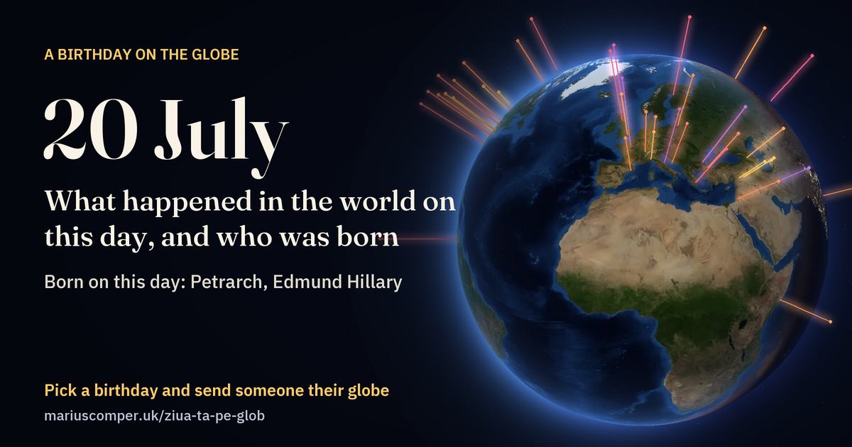 The Earth on 20 July, with the rays of the day’s events
