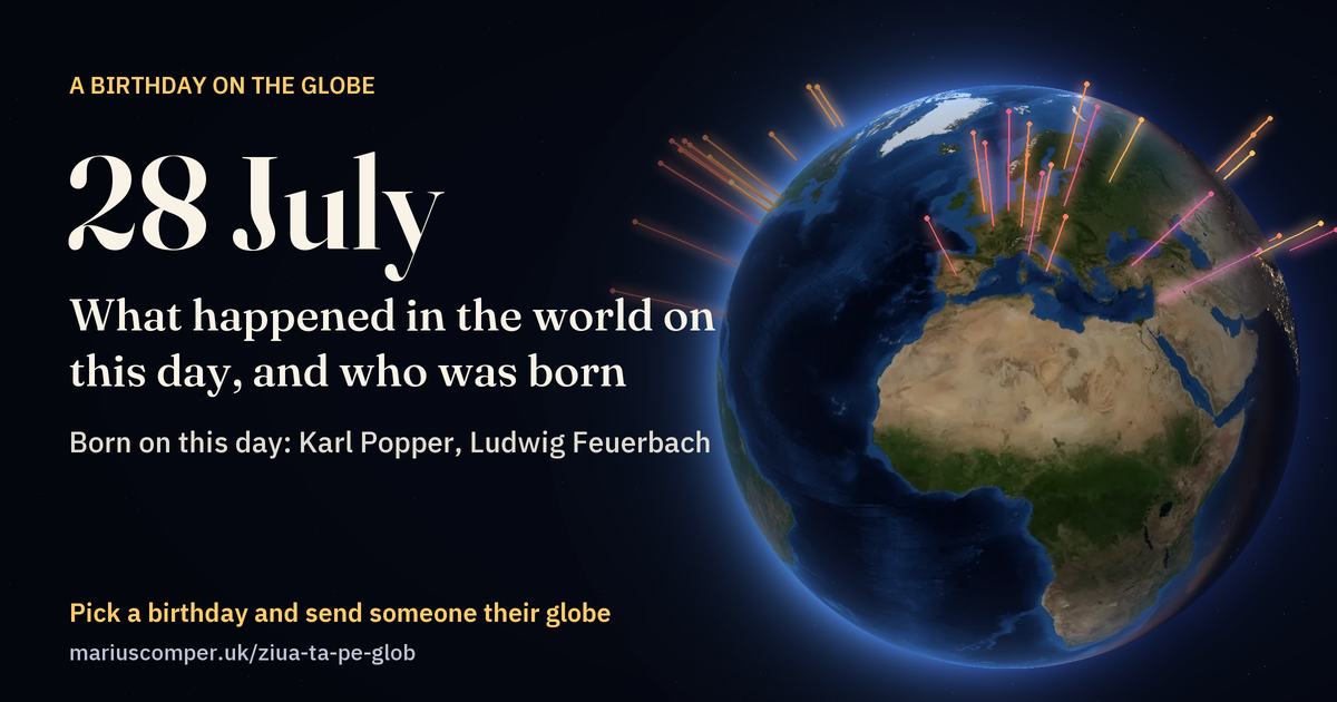 The Earth on 28 July, with the rays of the day’s events