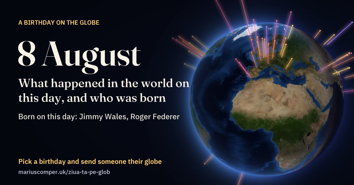 The Earth on 8 August, with the rays of the day’s events