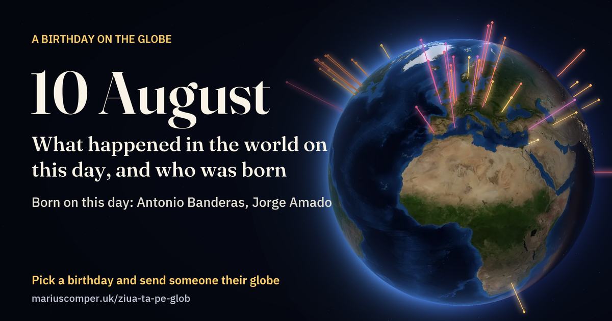 The Earth on 10 August, with the rays of the day’s events