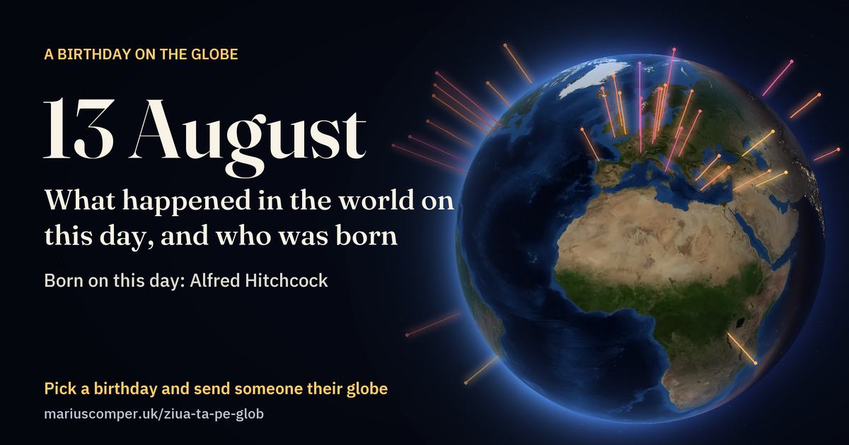 The Earth on 13 August, with the rays of the day’s events