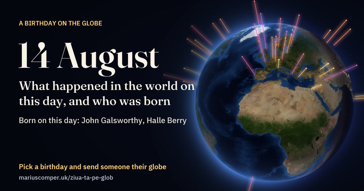 The Earth on 14 August, with the rays of the day’s events