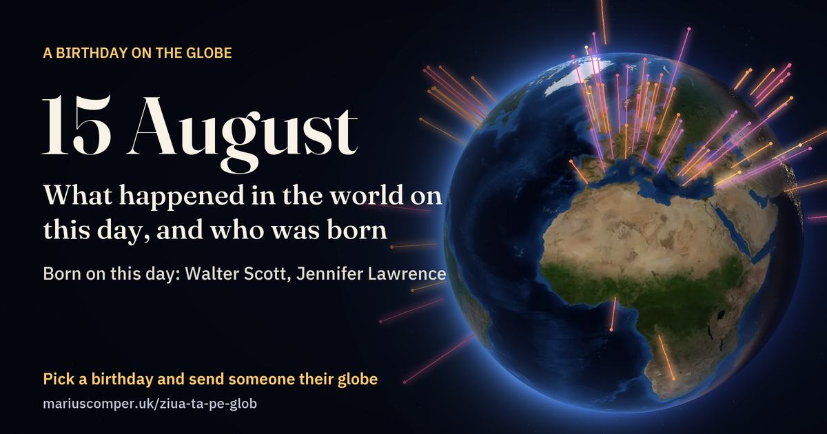 The Earth on 15 August, with the rays of the day’s events