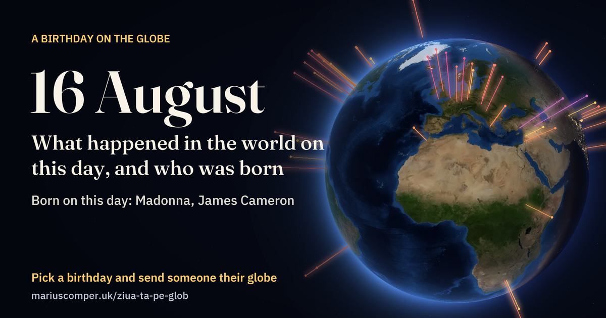 The Earth on 16 August, with the rays of the day’s events