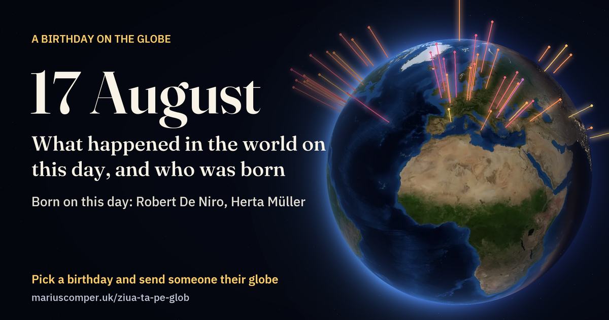 The Earth on 17 August, with the rays of the day’s events