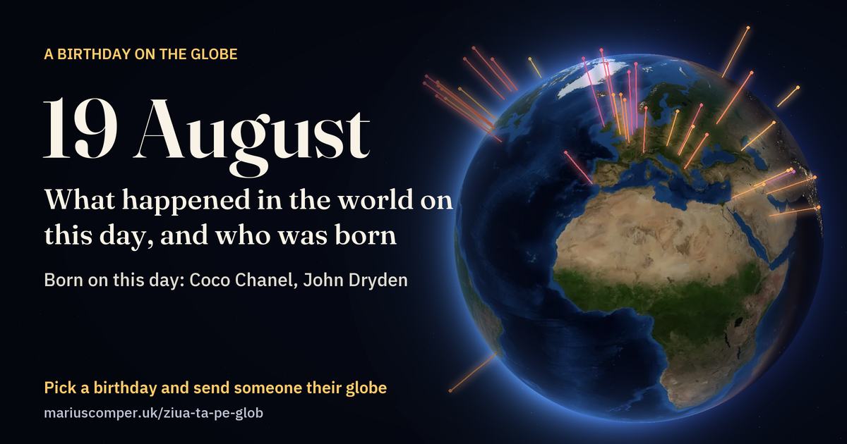 The Earth on 19 August, with the rays of the day’s events