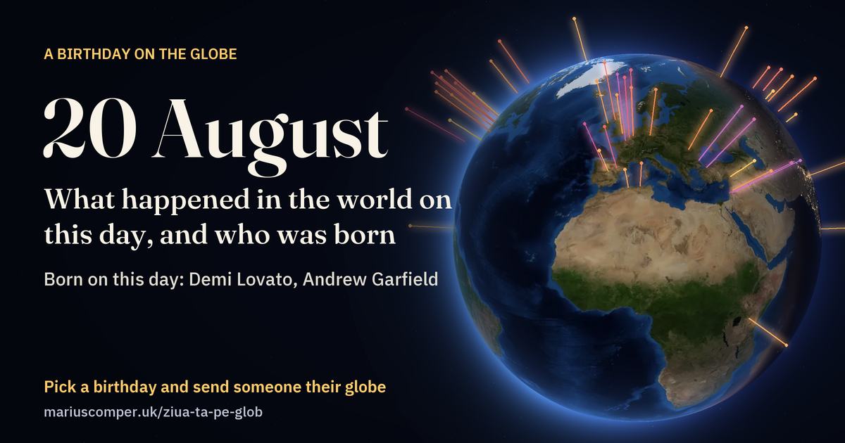 The Earth on 20 August, with the rays of the day’s events