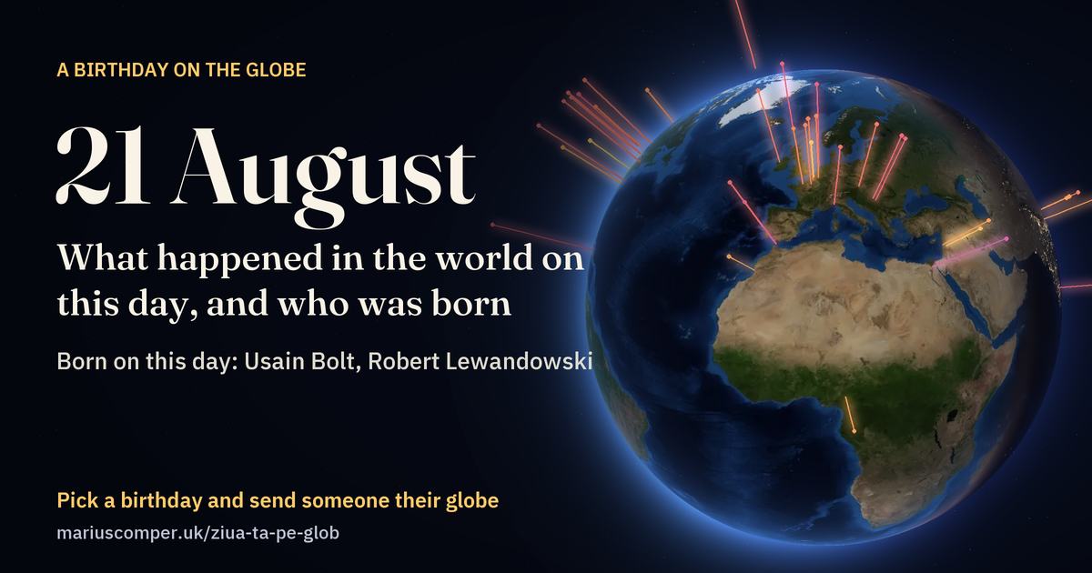 The Earth on 21 August, with the rays of the day’s events
