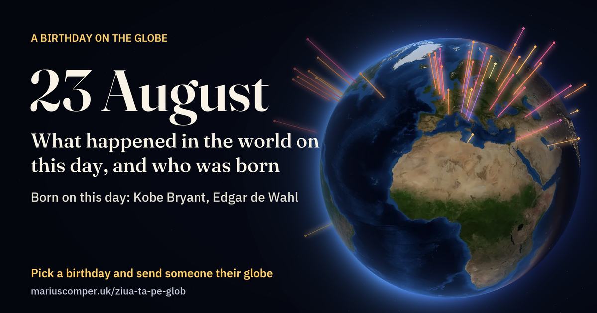 The Earth on 23 August, with the rays of the day’s events