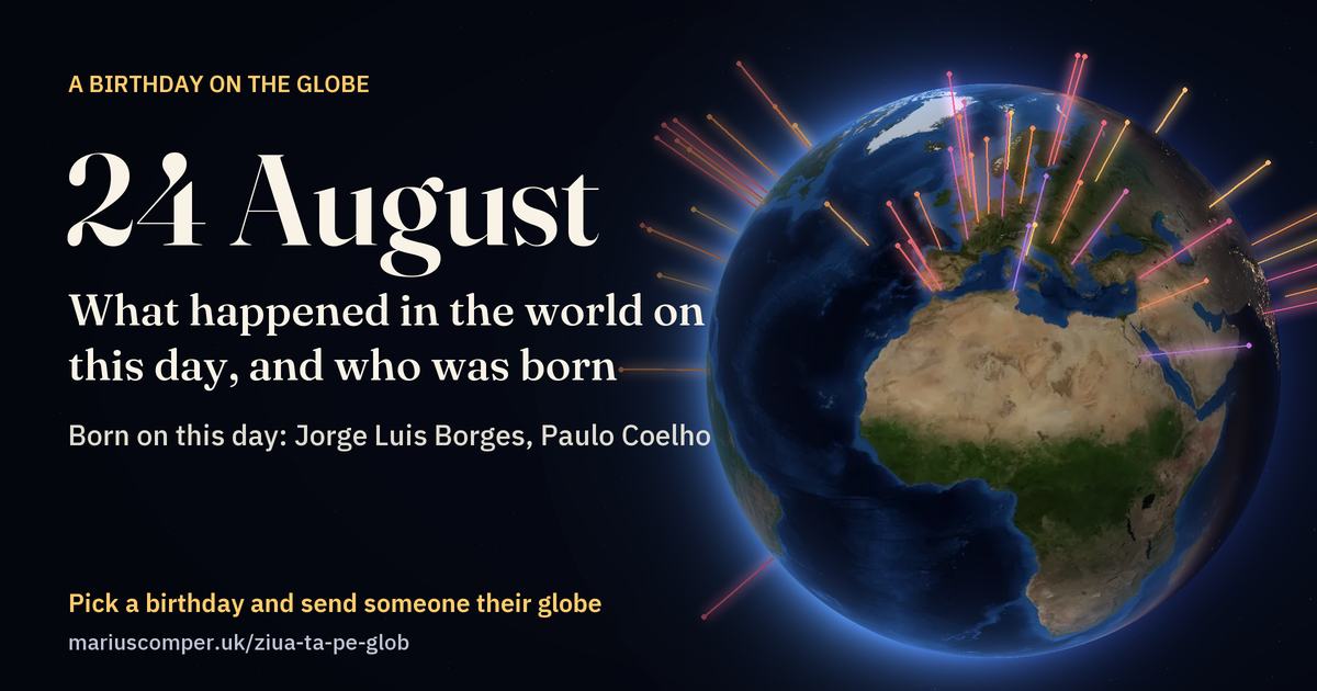The Earth on 24 August, with the rays of the day’s events