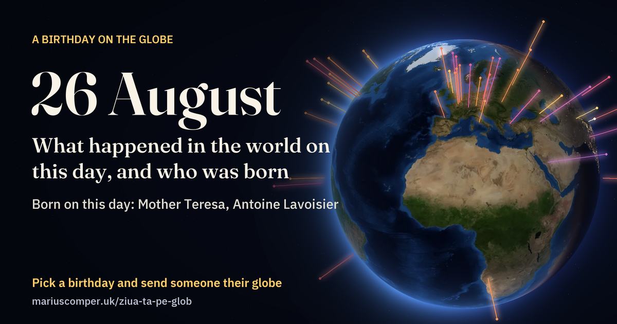 The Earth on 26 August, with the rays of the day’s events