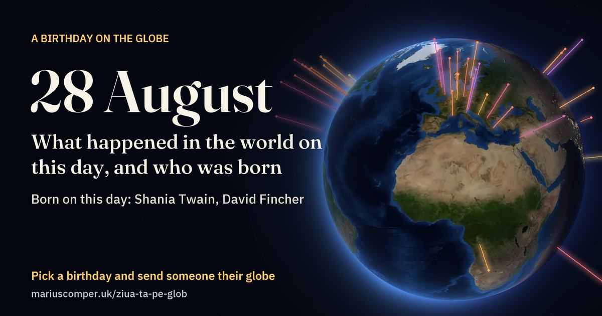 The Earth on 28 August, with the rays of the day’s events