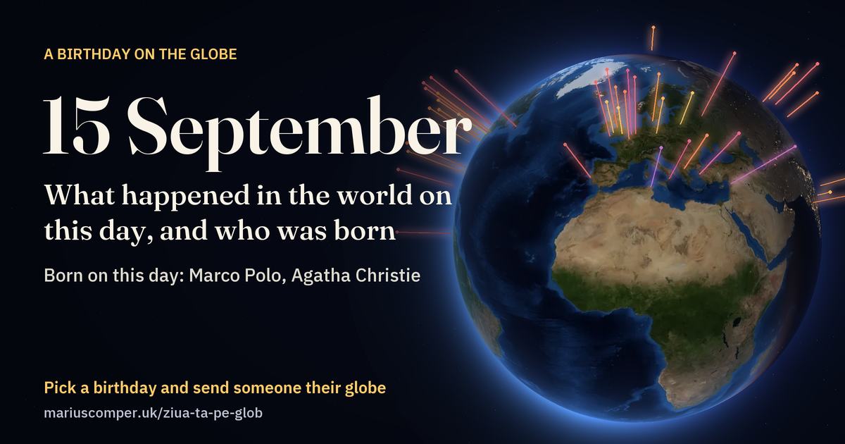 The Earth on 15 September, with the rays of the day’s events