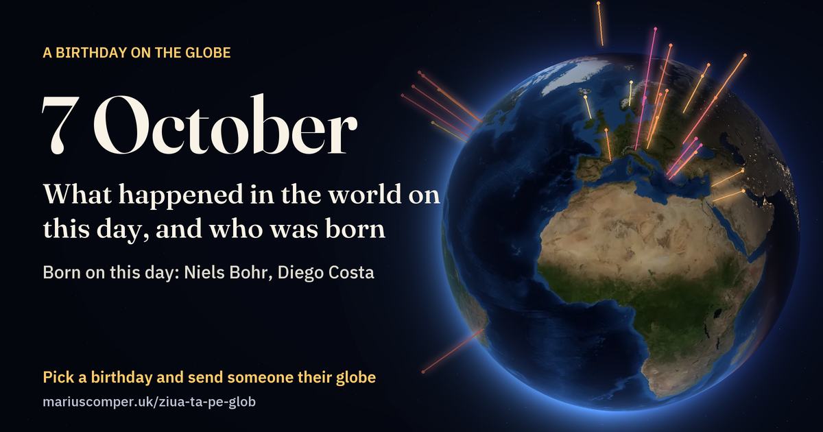 The Earth on 7 October, with the rays of the day’s events
