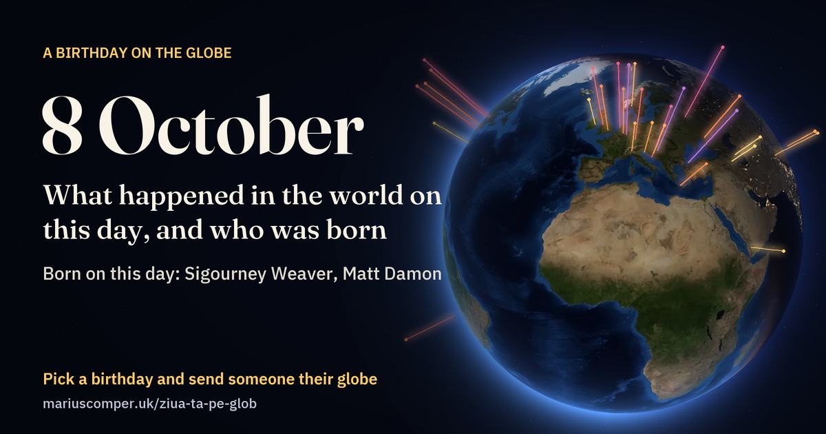 The Earth on 8 October, with the rays of the day’s events