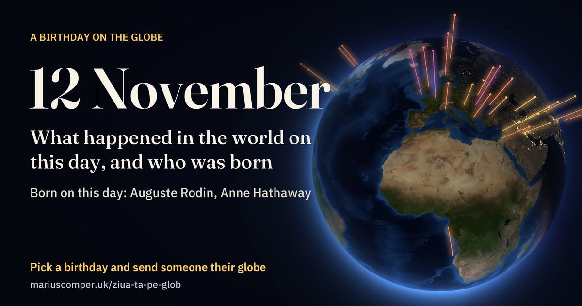 The Earth on 12 November, with the rays of the day’s events