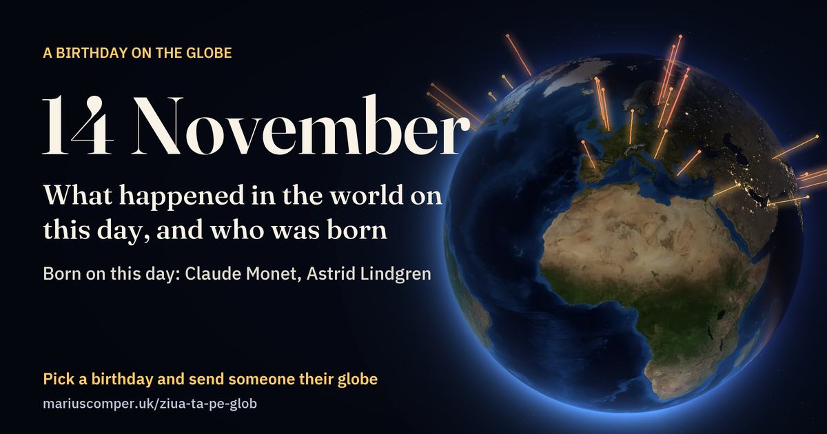 The Earth on 14 November, with the rays of the day’s events