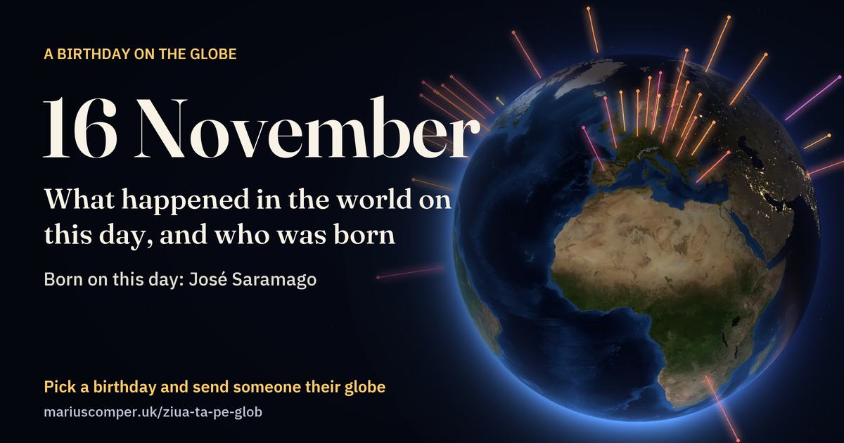 The Earth on 16 November, with the rays of the day’s events