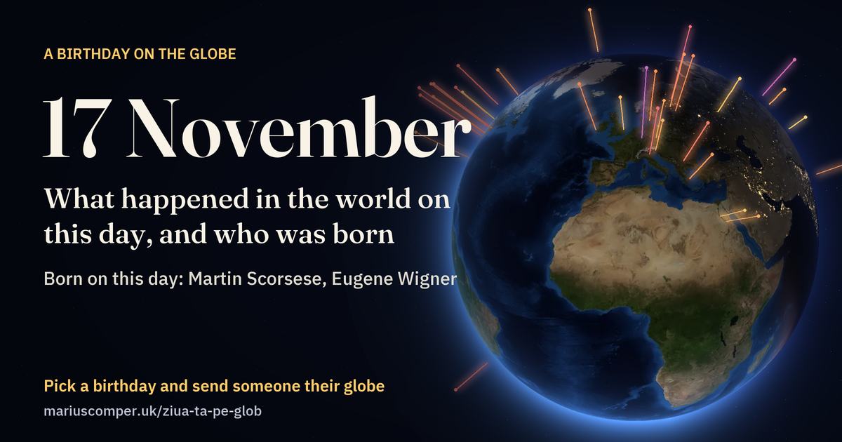 The Earth on 17 November, with the rays of the day’s events