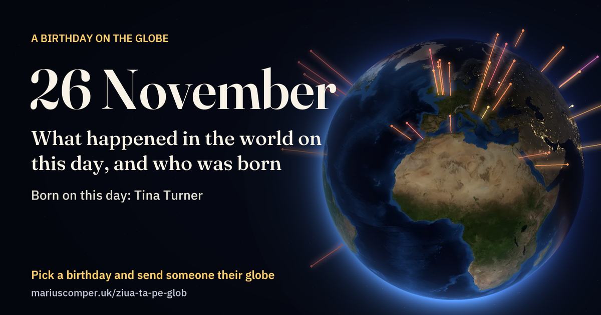 The Earth on 26 November, with the rays of the day’s events